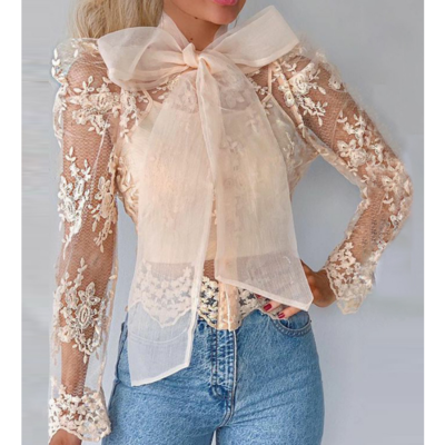 Solid color temperament long sleeve mesh top