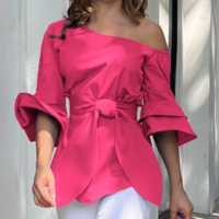 Fashion Casual Blue Off Shoulder Long Sleeved Top - Thumbnail 1