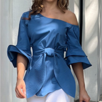 Fashion Casual Blue Off Shoulder Long Sleeved Top - Thumbnail 2