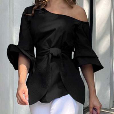 Fashion casual blue off shoulder long sleeved top