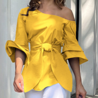 Fashion Casual Blue Off Shoulder Long Sleeved Top - Thumbnail 3