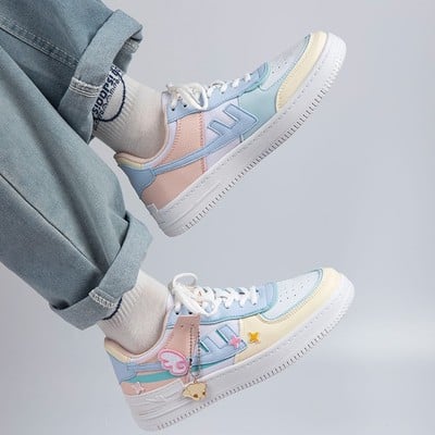 Pastel colorful stickers japanese causal girl sweet cute pink white women sneakers sports running shoes