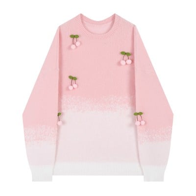 Cherry pink white gradient sweet girl autumn cozy round neck knitted sweater - Thumbnail 5