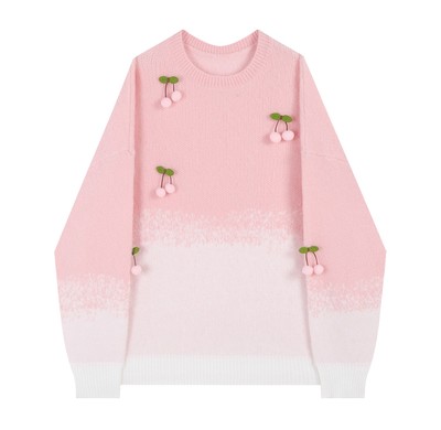 Cherry Pink White Gradient Sweet Girl Autumn Cozy Round Neck Knitted Sweater