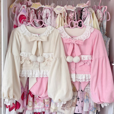 Pink & cream cute kawaii japanese girl princess bow ruffled plush jacket coat
