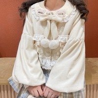 Pink & Cream Cute Kawaii Japanese Girl Princess Bow Ruffled Plush Jacket Coat - Thumbnail 1