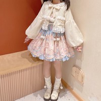 Pink & Cream Cute Kawaii Japanese Girl Princess Bow Ruffled Plush Jacket Coat - Thumbnail 4