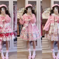 Pink & Cream Cute Kawaii Japanese Girl Princess Bow Ruffled Plush Jacket Coat - Thumbnail 6
