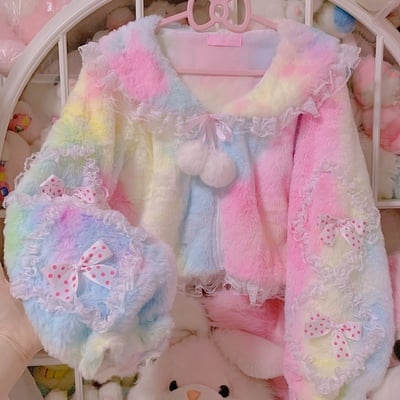 Rainbow ice cream colorful japanese girl princess sailor collar bow ruffled plush fur coat jacket