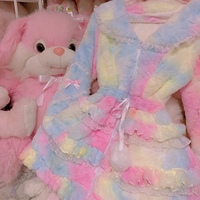 Rainbow Ice Cream Colorful Japanese Girl Princess Sailor Collar Bow Ruffled Plush Fur Coat Jacket - Thumbnail 3