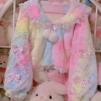 Rainbow Ice Cream Colorful Japanese Girl Princess Sailor Collar Bow Ruffled Plush Fur Coat Jacket - Thumbnail 2