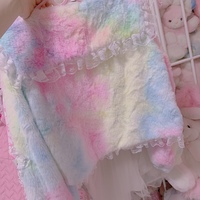 Rainbow Ice Cream Colorful Japanese Girl Princess Sailor Collar Bow Ruffled Plush Fur Coat Jacket - Thumbnail 4
