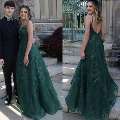 Dark green prom dresses spaghetti straps lace - Thumbnail 1