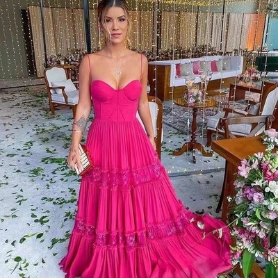 Spaghetti straps fuchsia prom dresses for women - Thumbnail 1