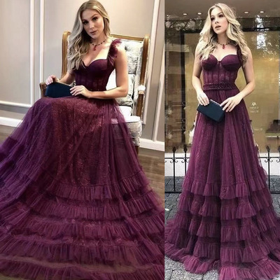 Straps Lace Tired Prom Dresses for Women Floor Length