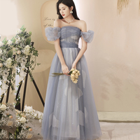 Blue Tulle Long Prom Dress, Cute Short Sleeve Evening Dress - Thumbnail 1