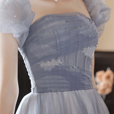 Blue tulle long prom dress, cute short sleeve evening dress - Thumbnail 1