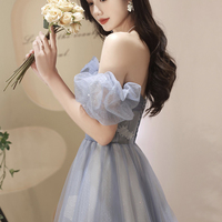 Blue Tulle Long Prom Dress, Cute Short Sleeve Evening Dress - Thumbnail 3