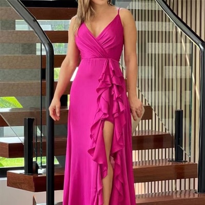 Fuchsia prom dresses slit side spaghetti straps - Thumbnail 2