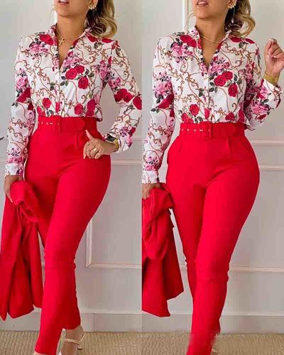 Fashion Casual Red Print Two Piece Set