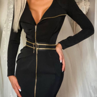 Solid Color Women'S Black Zippered Long Sleeved Dress - Thumbnail 2