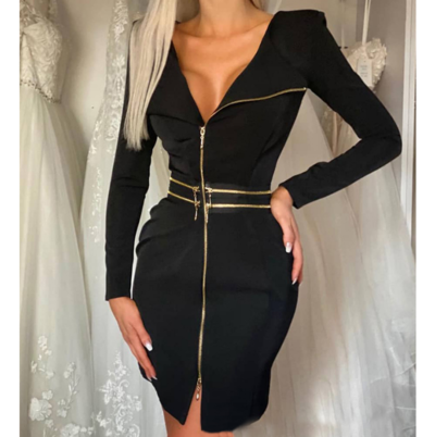 Solid Color Women'S Black Zippered Long Sleeved Dress