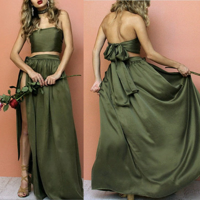 Olive Green Prom Dresses Two Piece Slit Side