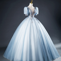 Blue Tulle Sequins Long Prom Dress, Blue Evening Dress Formal Dress - Thumbnail 1