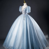 Blue Tulle Sequins Long Prom Dress, Blue Evening Dress Formal Dress - Thumbnail 2