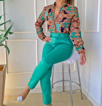 Slim Women Fashion Print Two Piece Set