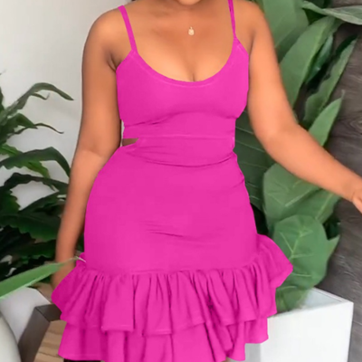 Fashion casual sling low cut ruffle edge package hip dress