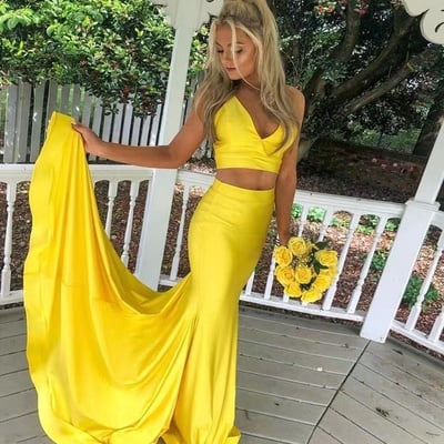 Two piece yellow prom dresses slit side - Thumbnail 1