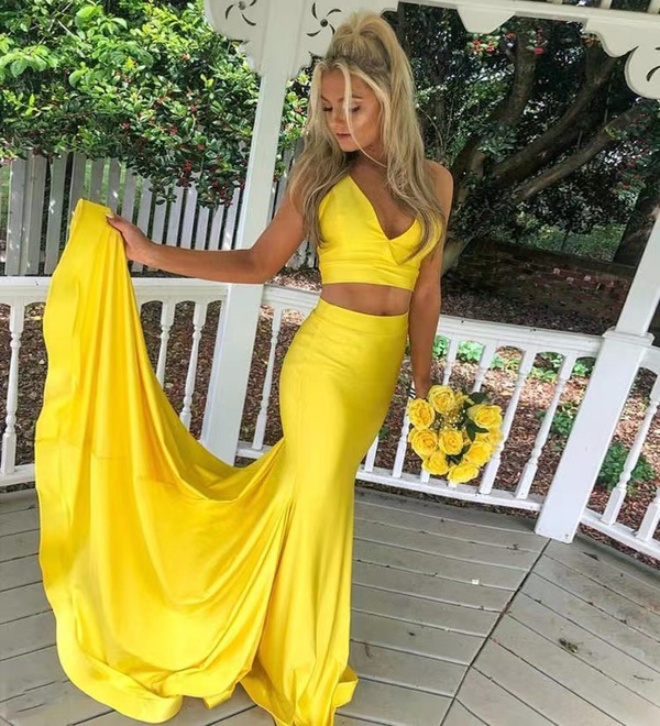yellow two piece dress LTP0262,Yellow Two Pieces Beaded Tulle A-Line Prom Dress Evening Dress –  Laylatailor Shop