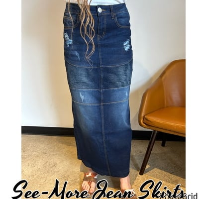 Madilyn Long Dark Wash Distressed Denim Skirt