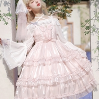 Love Song of the Star Japanese Girl Lace Bow Ribbon Ruffled Layered Princess Pink White Black Strap Dress - Thumbnail 1