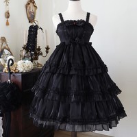 Love Song of the Star Japanese Girl Lace Bow Ribbon Ruffled Layered Princess Pink White Black Strap Dress - Thumbnail 3