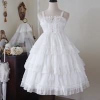 Love Song of the Star Japanese Girl Lace Bow Ribbon Ruffled Layered Princess Pink White Black Strap Dress - Thumbnail 4