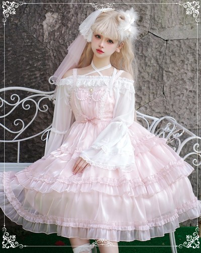 Love Song of the Star Japanese Girl Lace Bow Ribbon Ruffled Layered Princess Pink White Black Strap Dress