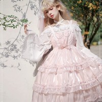 Love Song of the Star Japanese Girl Lace Bow Ribbon Ruffled Layered Princess Pink White Black Strap Dress - Thumbnail 9