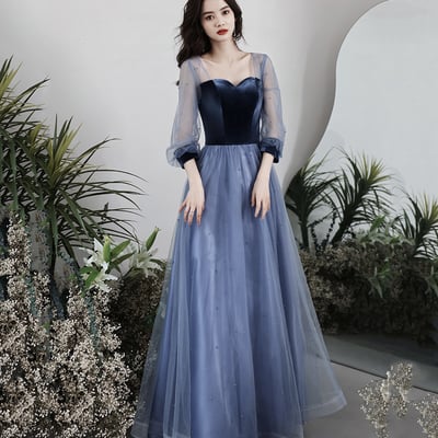 Blue velvet tulle long prom dress, beautiful long sleeve evening dress - Thumbnail 1