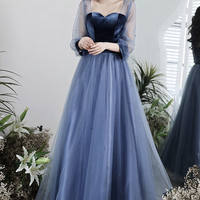 Blue Velvet Tulle Long Prom Dress, Beautiful Long Sleeve Evening Dress - Thumbnail 1