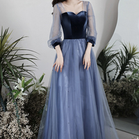 Blue Velvet Tulle Long Prom Dress, Beautiful Long Sleeve Evening Dress - Thumbnail 5