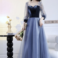 Blue Velvet Tulle Long Prom Dress, Beautiful Long Sleeve Evening Dress - Thumbnail 2