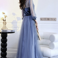 Blue Velvet Tulle Long Prom Dress, Beautiful Long Sleeve Evening Dress - Thumbnail 3