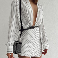 Sexy Striped Long Sleeved Tight Fitting Dress - Thumbnail 1