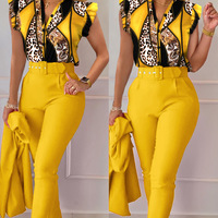 V-Neck Leopard Print Contrast Color Sleeveless Printed Two Piece Set - Thumbnail 1