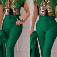 V-Neck Leopard Print Contrast Color Sleeveless Printed Two Piece Set - Thumbnail 2