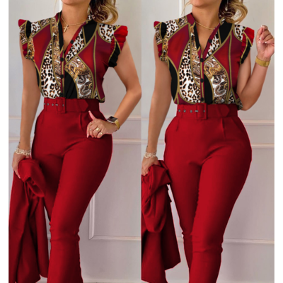 V-neck leopard print contrast color sleeveless printed two piece set