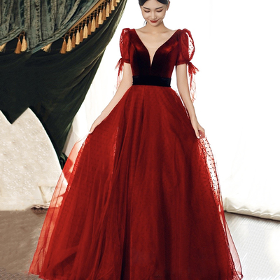 Burgundy velvet tulle long prom dress, a-line evening party dress - Thumbnail 2