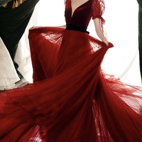 Burgundy Velvet Tulle Long Prom Dress, A-Line Evening Party Dress - Thumbnail 1